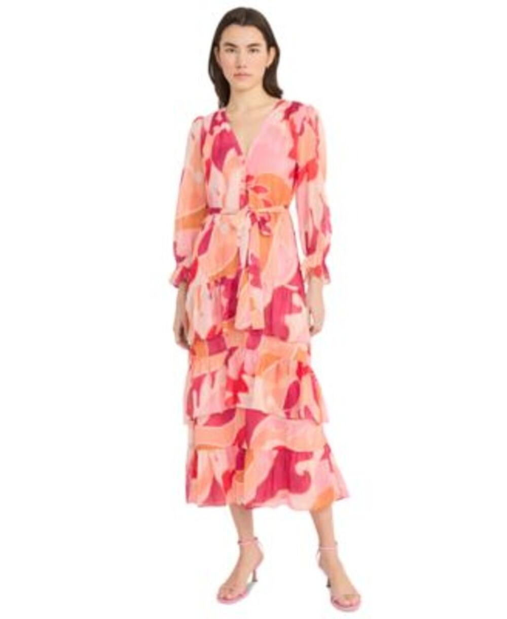 Donna Morgan Women's Floral-Print Belted Tiered Midi Dress in Cream Magenta Pink
